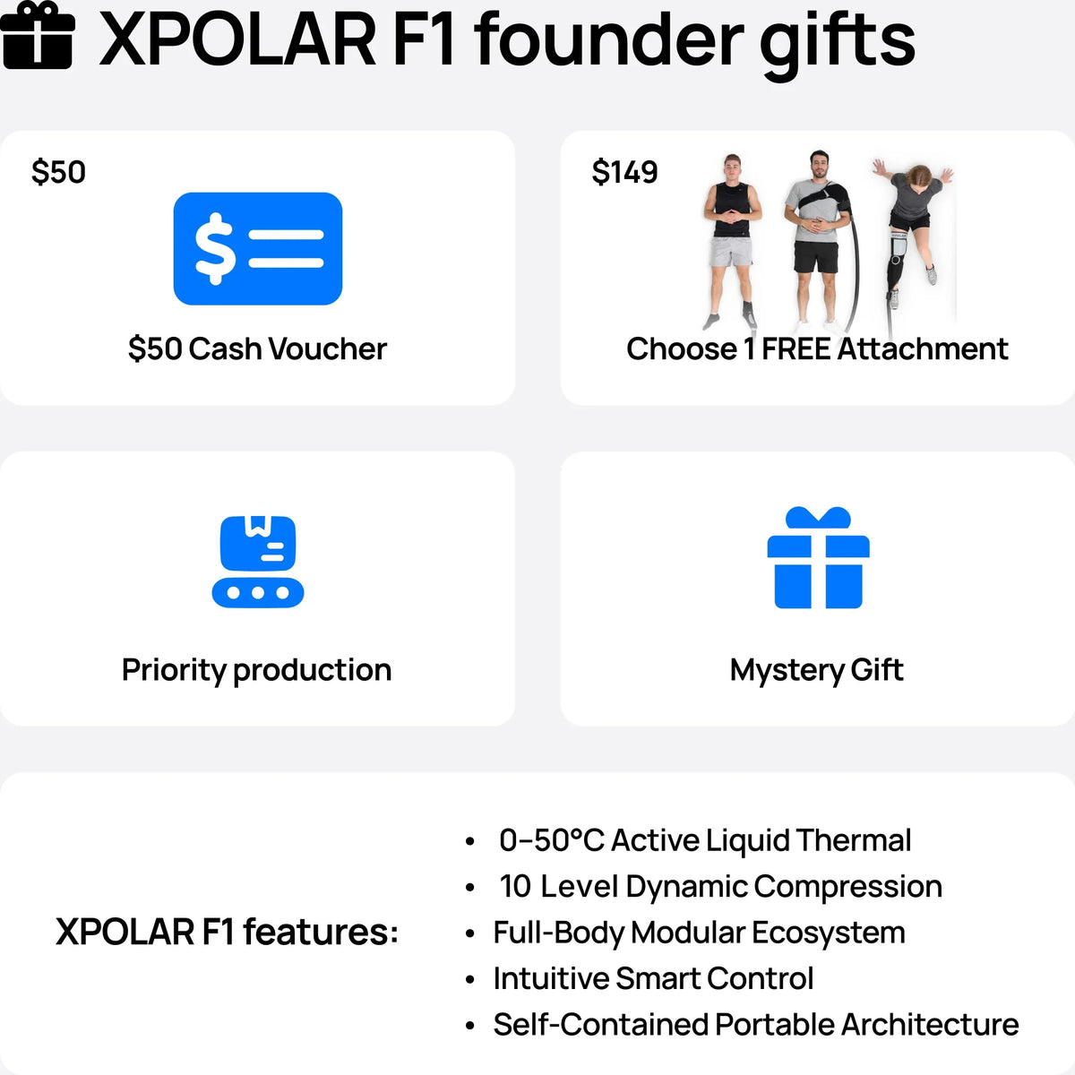 XPOLAR F1 founder gifts: $50 voucher, one free attachment, priority production and a mystery gift.