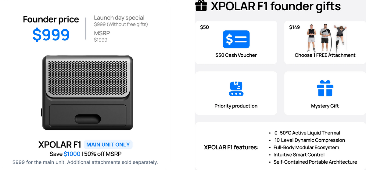 XPOLAR F1 main unit only: VIP price $999, MSRP $1,999. Additional attachments sold separately. Founder rewards include a $50 voucher, one free Ankle, Shoulder or Knee attachment, priority production and a mystery gift. 10 Level Dynamic Compression.